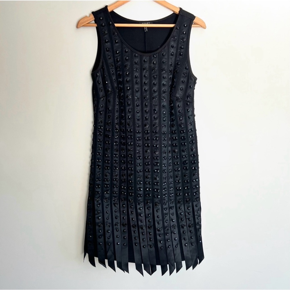 APART Black Beaded Stripes Sleeveless Cocktail Mid Length Sleek Boho Dress Sz 10 - Picture 2 of 16
